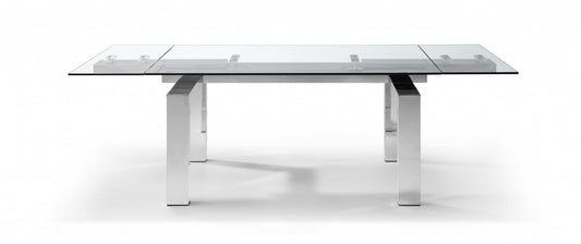 Clear and Silver Glass and Stainless Steel Self-Storing Leaf Dining Table