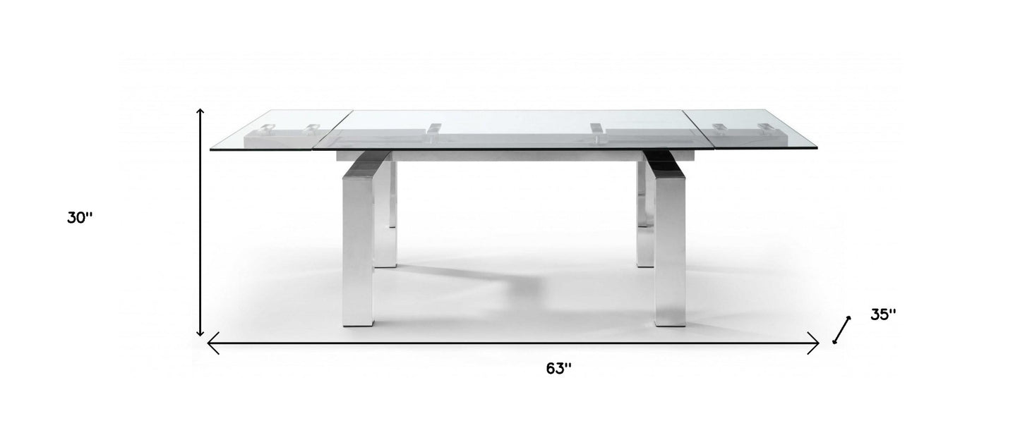 Clear and Silver Glass and Stainless Steel Self-Storing Leaf Dining Table