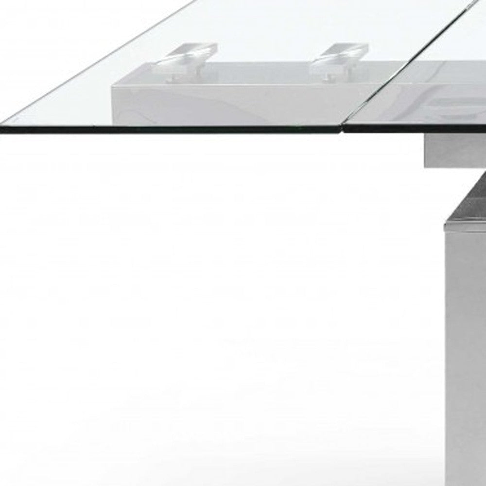 Clear and Silver Glass and Stainless Steel Self-Storing Leaf Dining Table