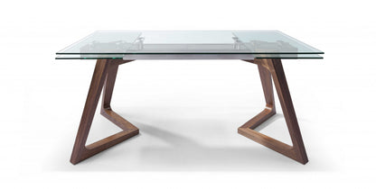 Clear and Brown Glass and Solid Wood Self-Storing Leaf Dining Table