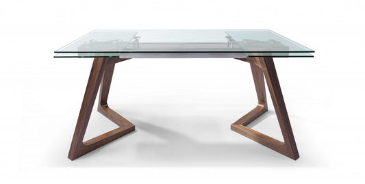 Clear and Brown Glass and Solid Wood Self-Storing Leaf Dining Table