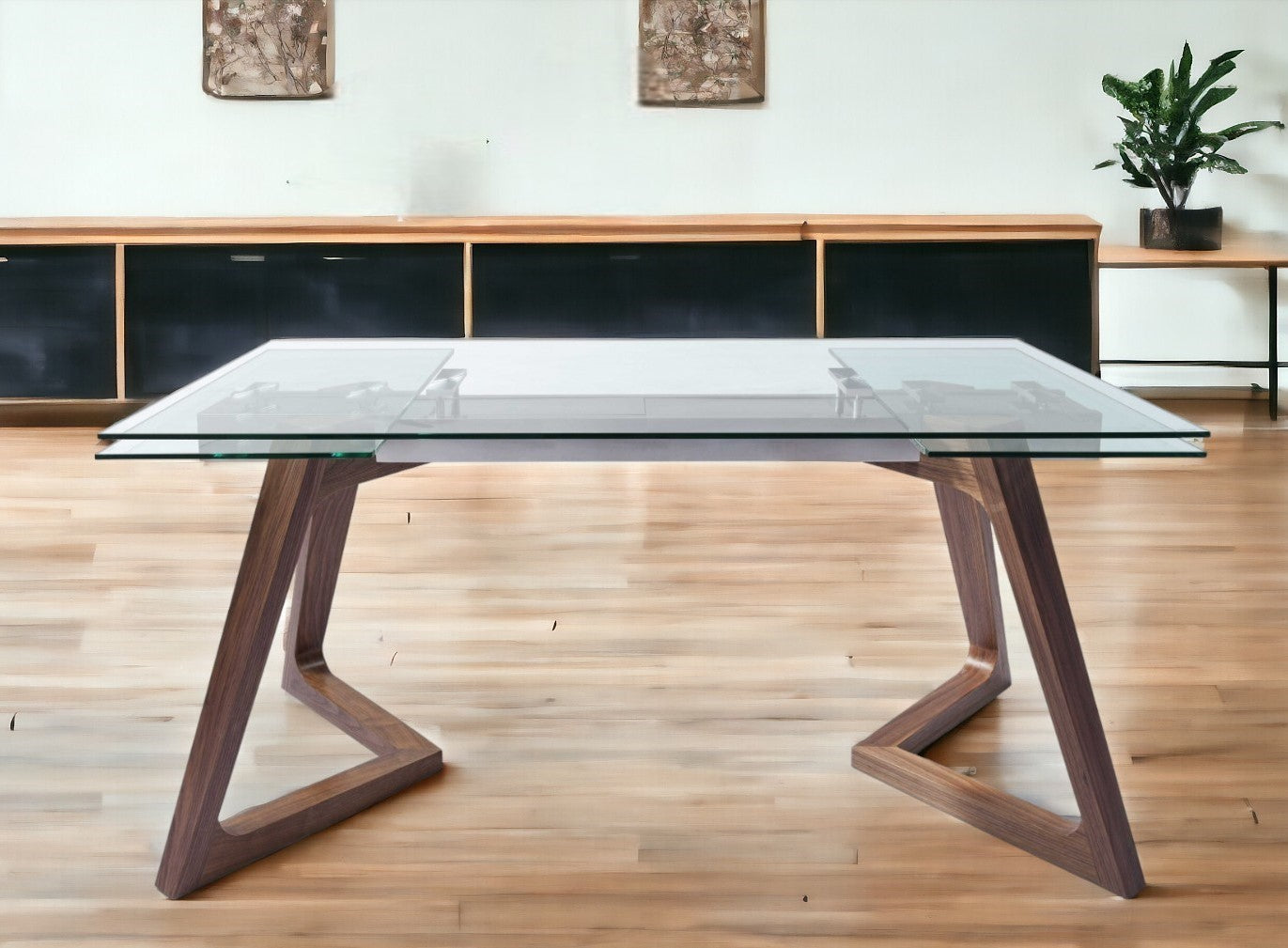 Clear and Brown Glass and Solid Wood Self-Storing Leaf Dining Table