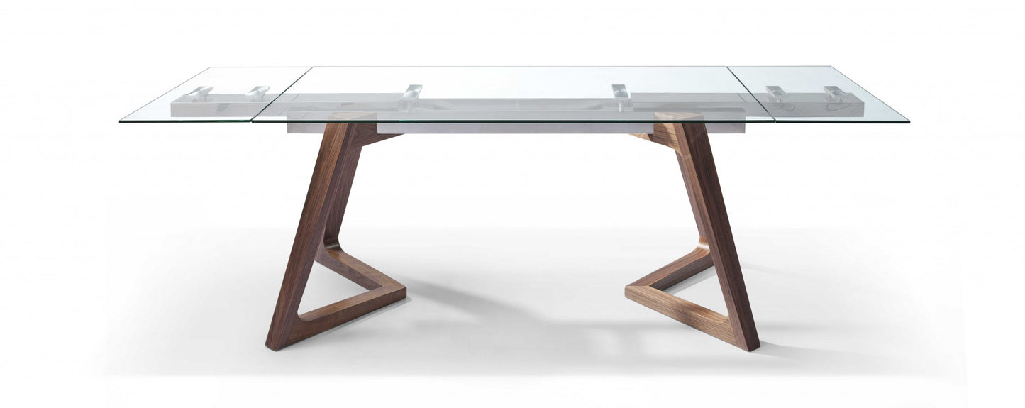 Clear and Brown Glass and Solid Wood Self-Storing Leaf Dining Table