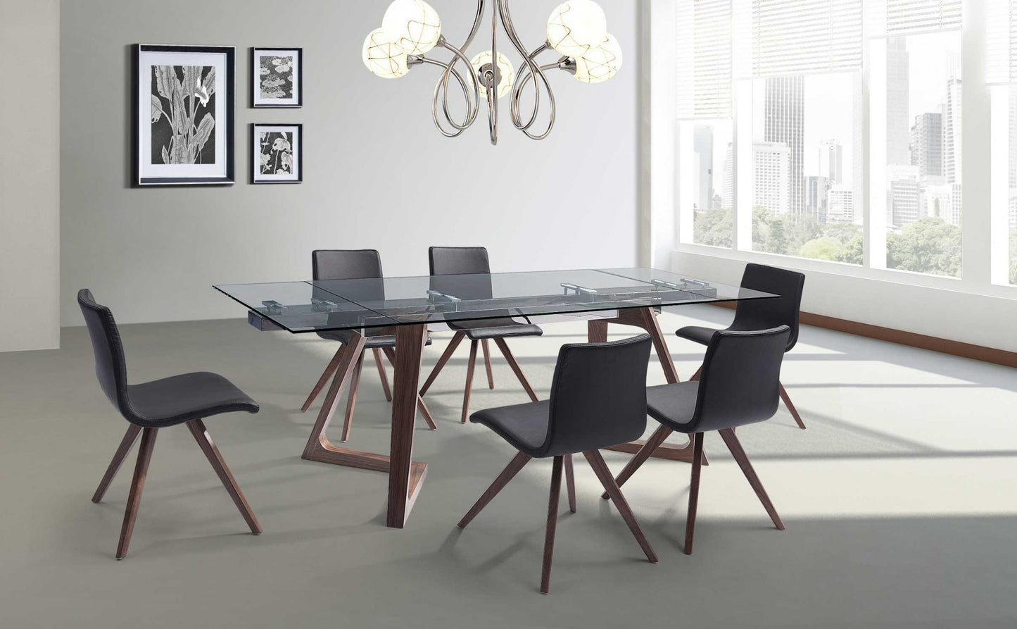 Clear and Brown Glass and Solid Wood Self-Storing Leaf Dining Table