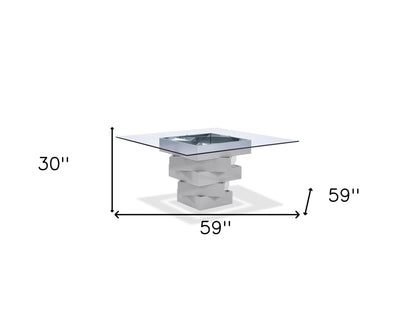 Clear And Gray Square Glass And Solid Wood Pedestal Base Dining Table