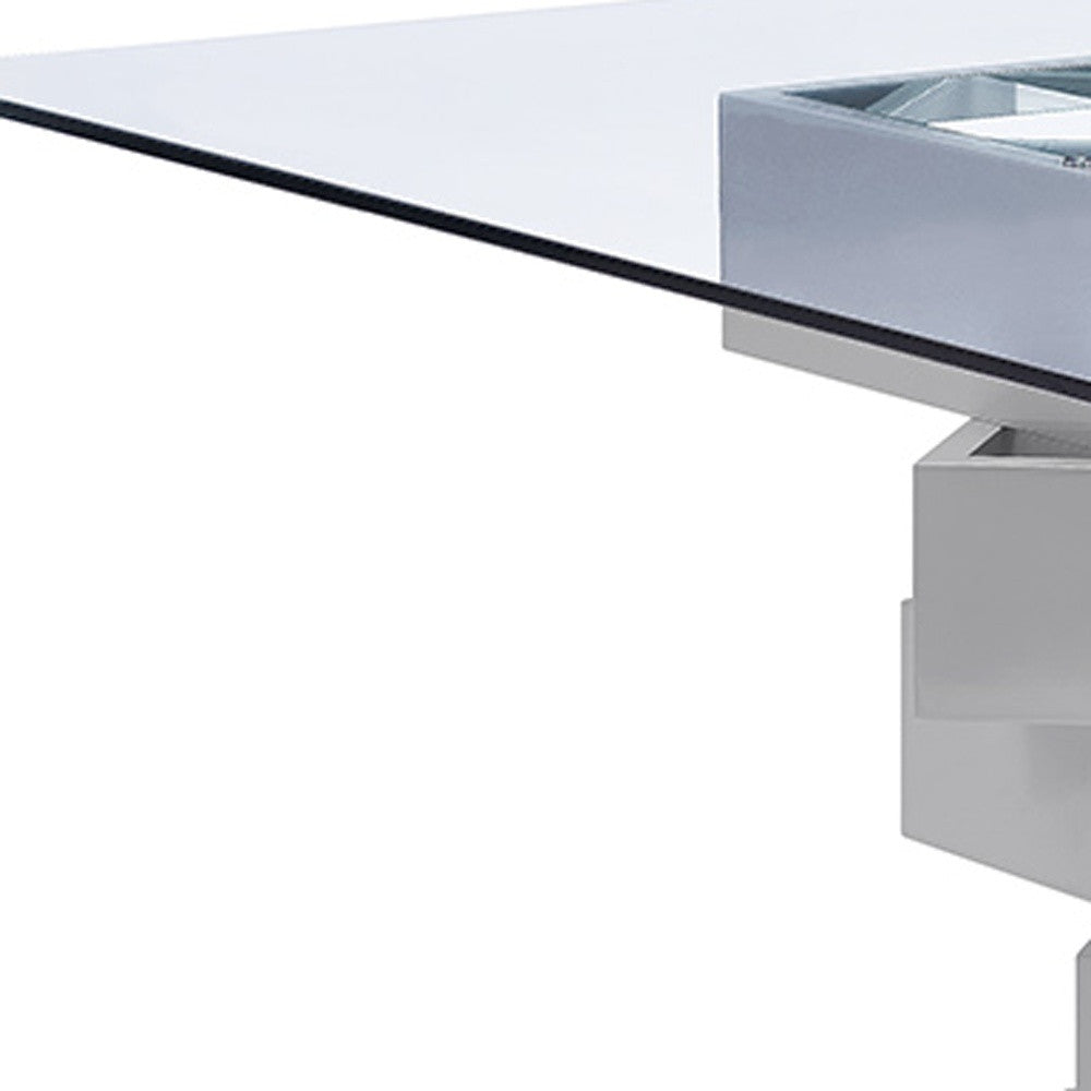 Clear And Gray Square Glass And Solid Wood Pedestal Base Dining Table