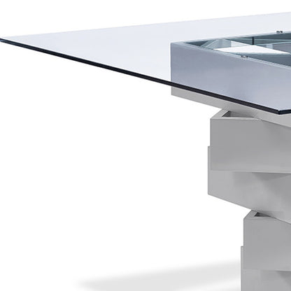 Clear And Gray Square Glass And Solid Wood Pedestal Base Dining Table