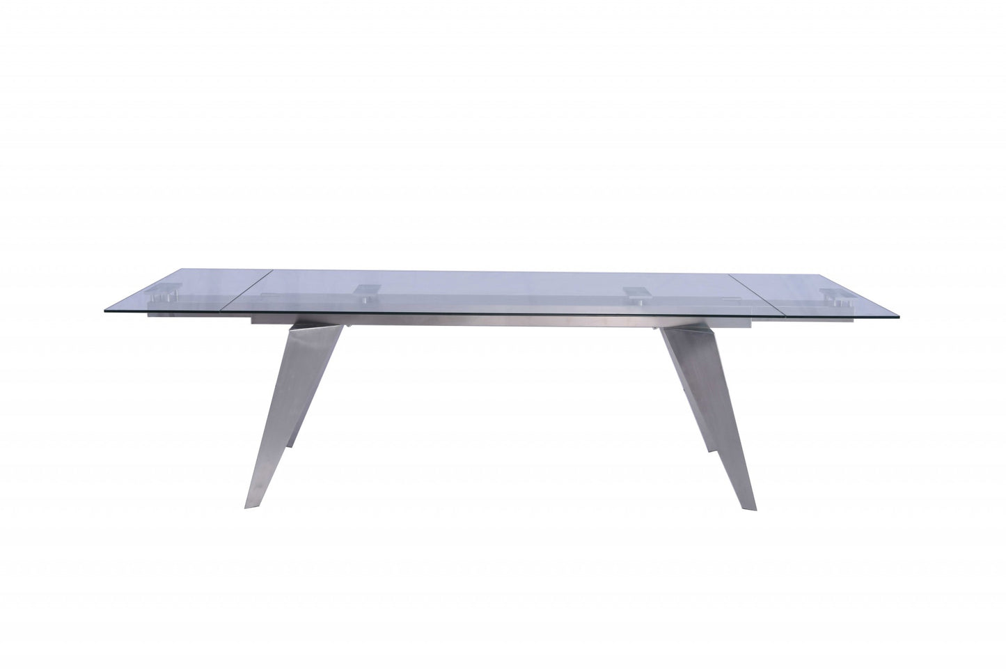 Clear and Silver Glass and Stainless Steel Self-Storing Leaf Dining Table