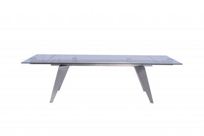Clear and Silver Glass and Stainless Steel Self-Storing Leaf Dining Table