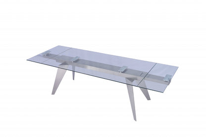 Clear and Silver Glass and Stainless Steel Self-Storing Leaf Dining Table