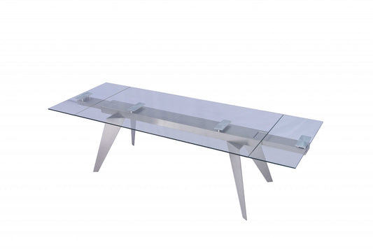 Clear and Silver Glass and Stainless Steel Self-Storing Leaf Dining Table