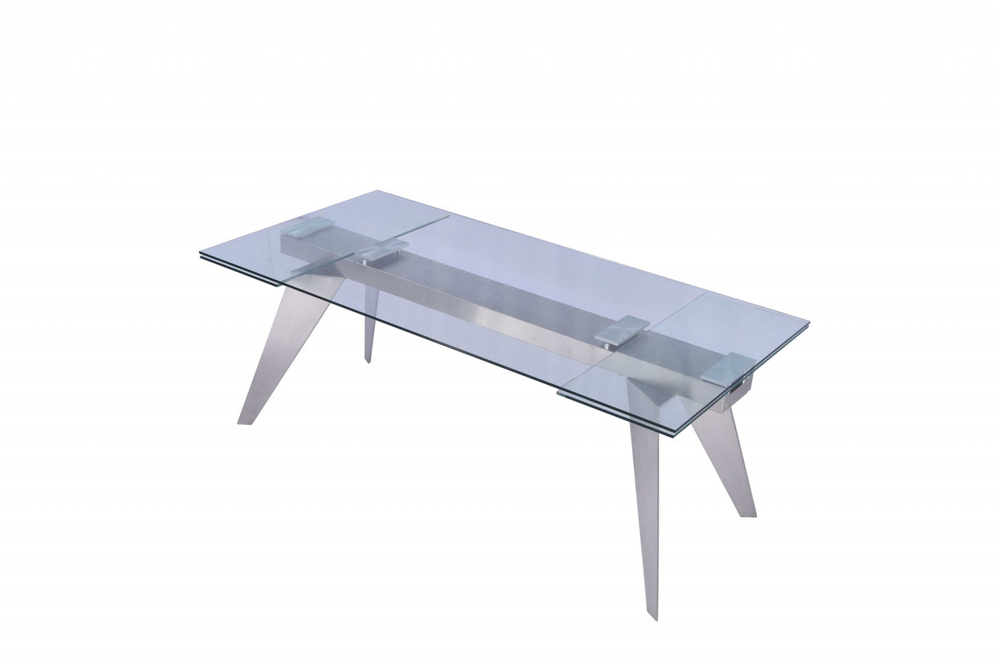 Clear and Silver Glass and Stainless Steel Self-Storing Leaf Dining Table