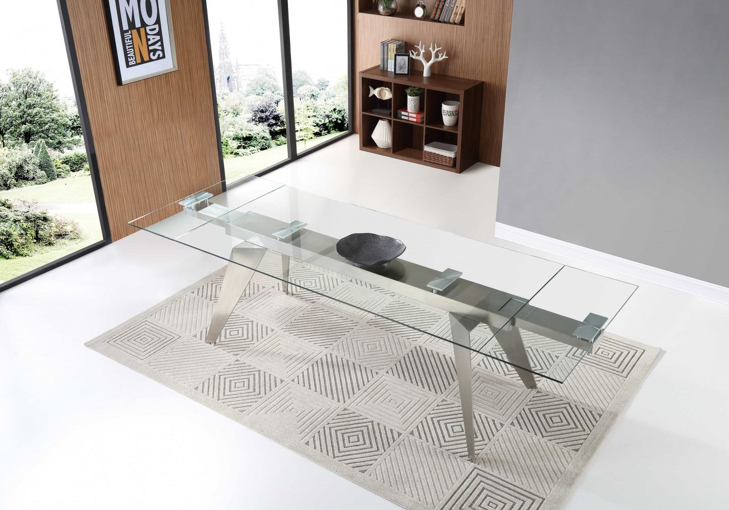 Clear and Silver Glass and Stainless Steel Self-Storing Leaf Dining Table