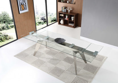 Clear and Silver Glass and Stainless Steel Self-Storing Leaf Dining Table
