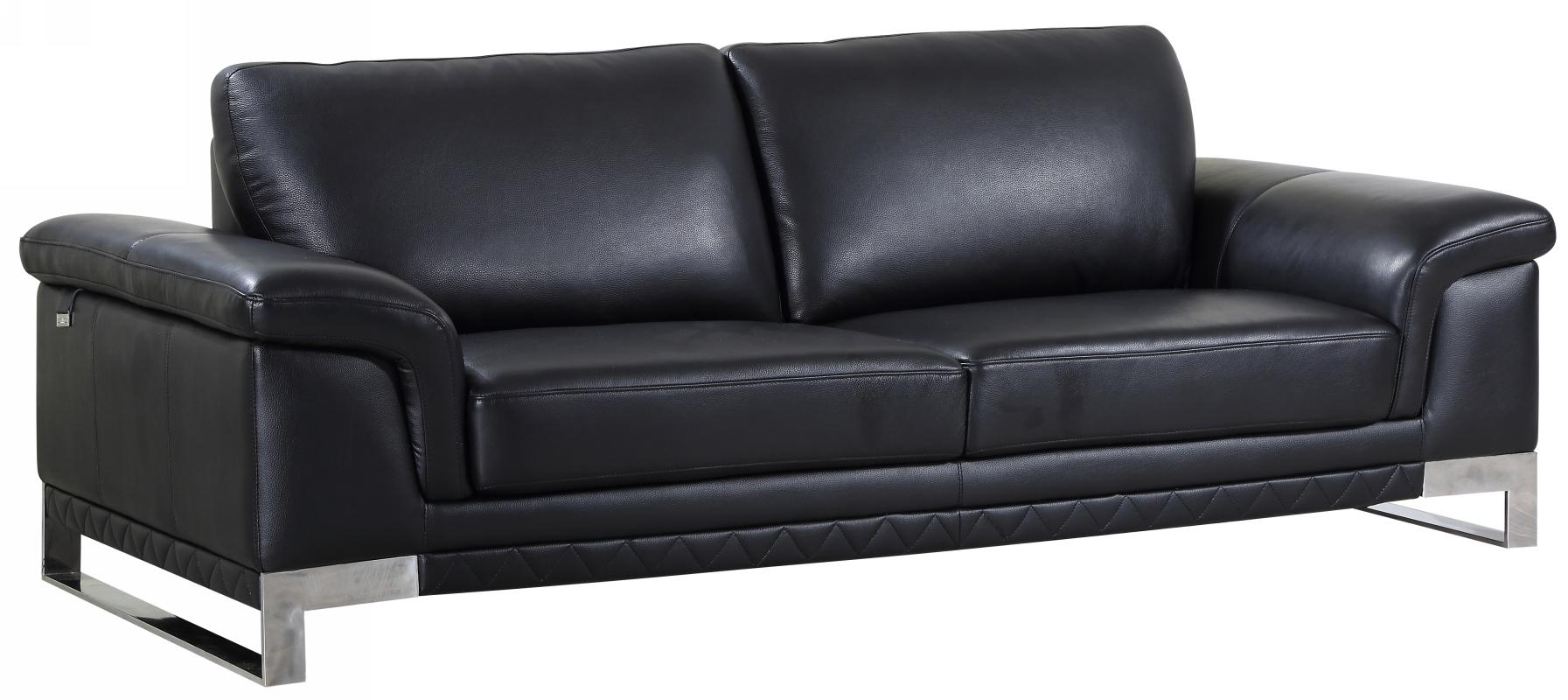 Wren Black Italian Leather Sofa With Silver Legs