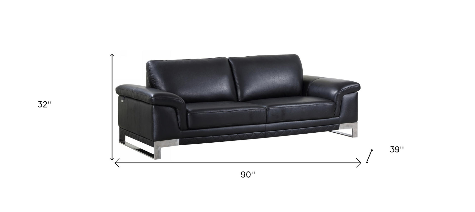 Black Italian Leather Sofa With Silver Legs