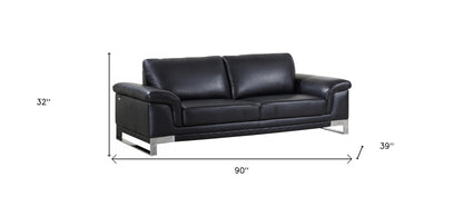 Black Italian Leather Sofa With Silver Legs