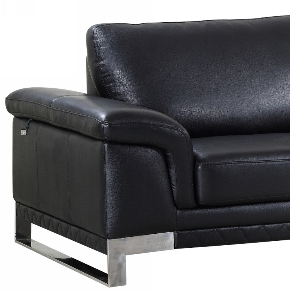 Black Italian Leather Sofa With Silver Legs