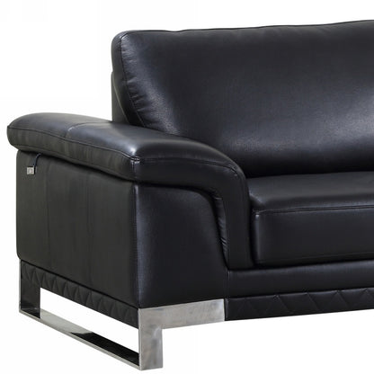 Black Italian Leather Sofa With Silver Legs