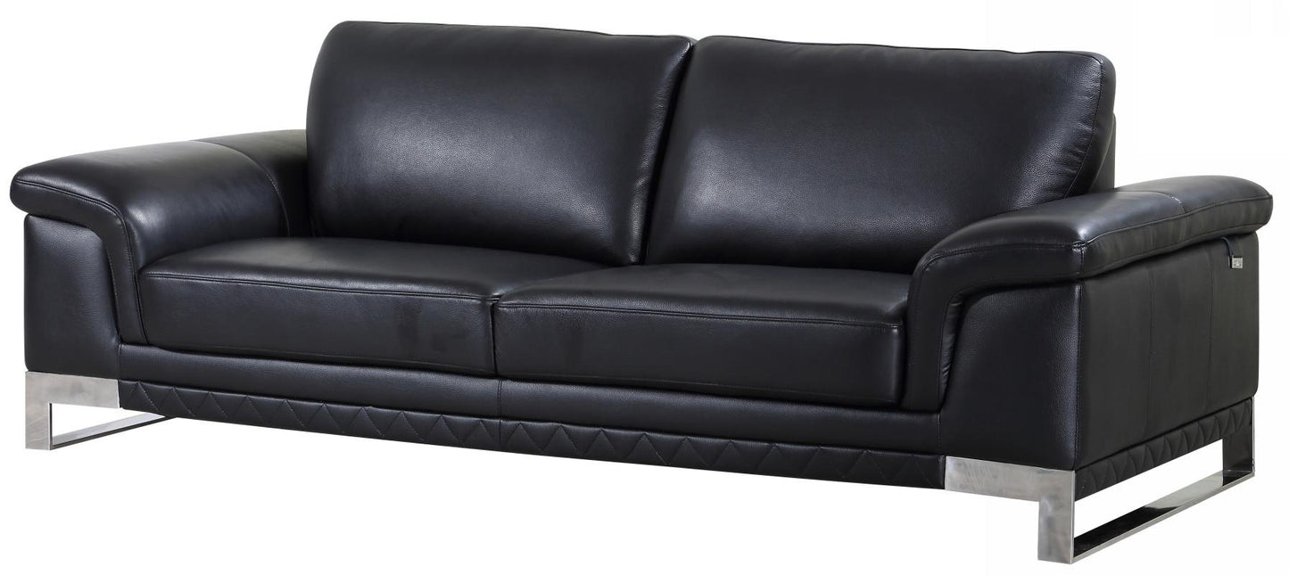 Black Italian Leather Sofa With Silver Legs