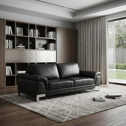 Black Italian Leather Sofa With Silver Legs