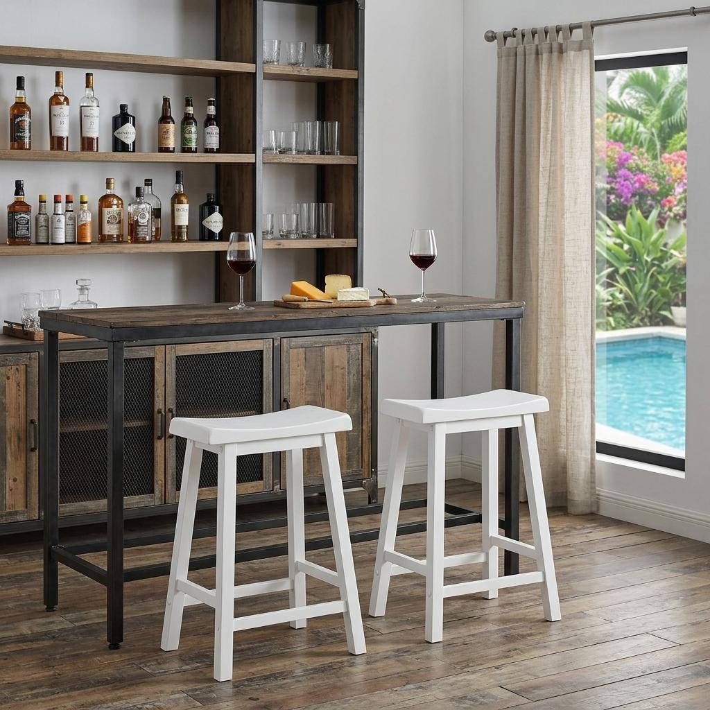 White Solid Wood Backless Bar Chairs - Set of 2