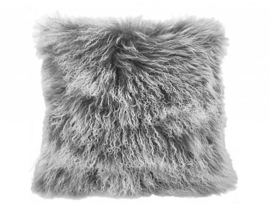 Grey Genuine Tibetan Lamb Fur Pillow w/ Microsuede Backing