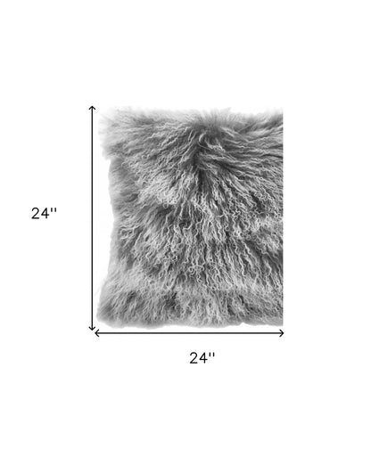 Grey Genuine Tibetan Lamb Fur Pillow w/ Microsuede Backing
