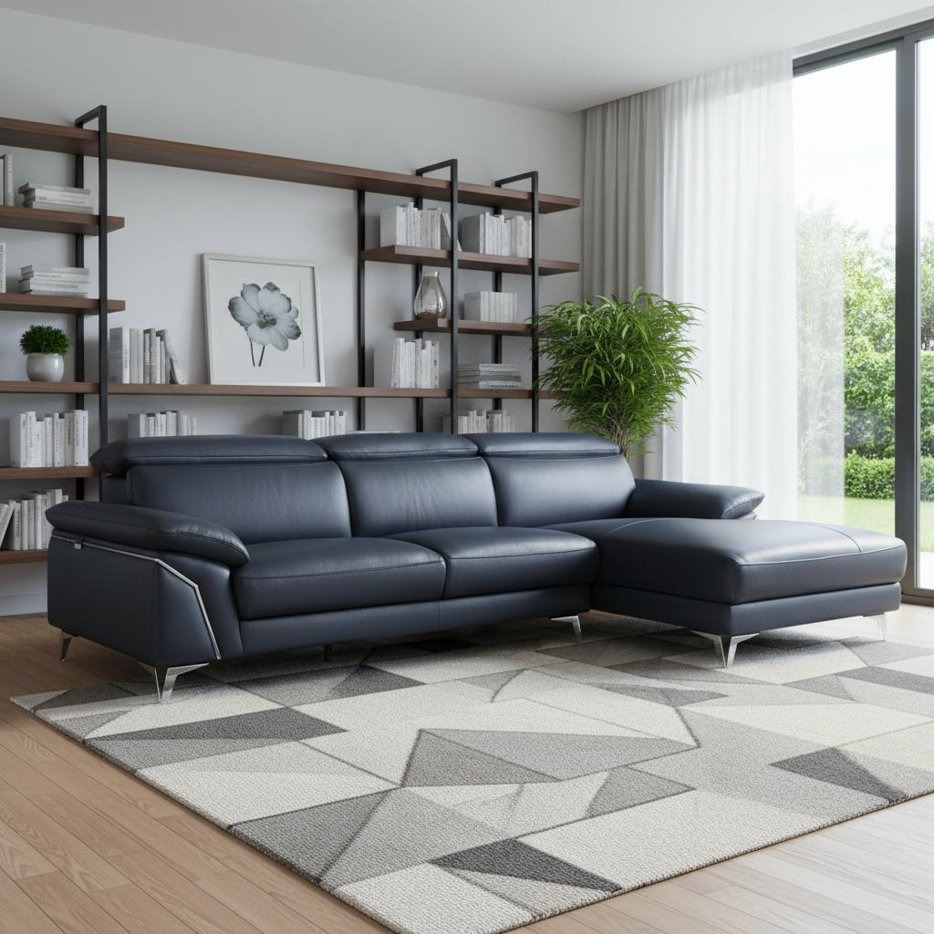 Navy Blue Italian Leather L Shaped 2 Piece Sofa & Chaise Sectional