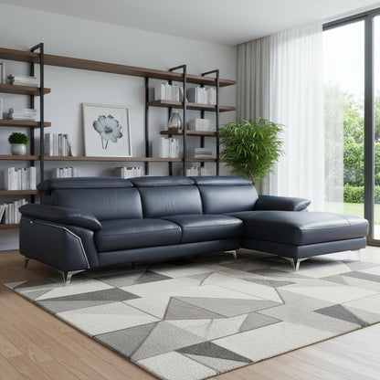 Navy Blue Italian Leather L Shaped 2 Piece Sofa & Chaise Sectional
