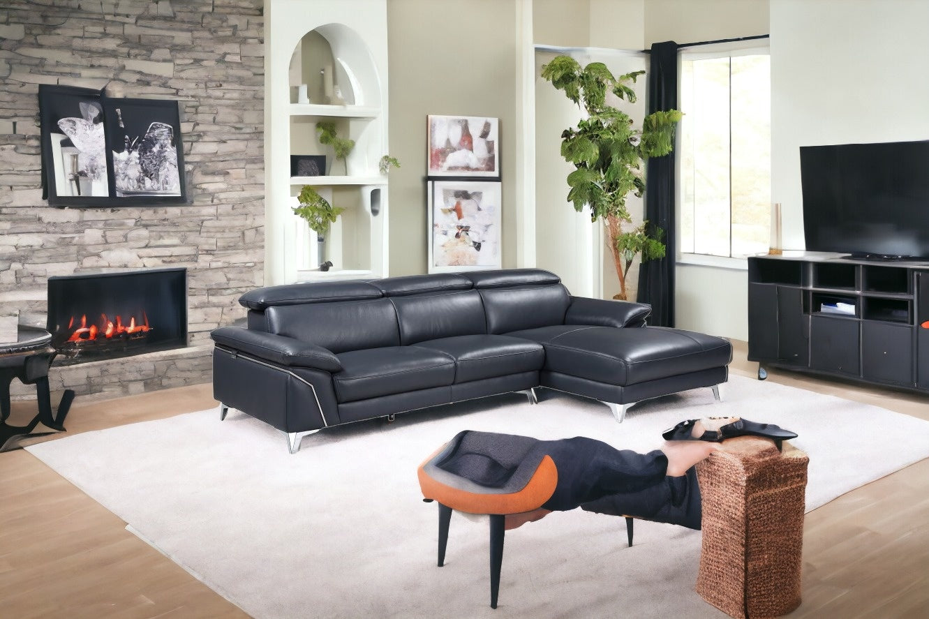 Navy Blue Italian Leather L Shaped 2 Piece Sectional