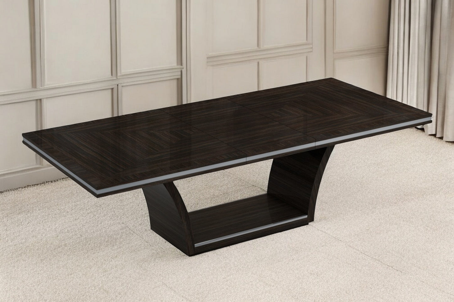 Dark Brown Solid Wood Self-Storing Leaf Pedestal Base Dining Table