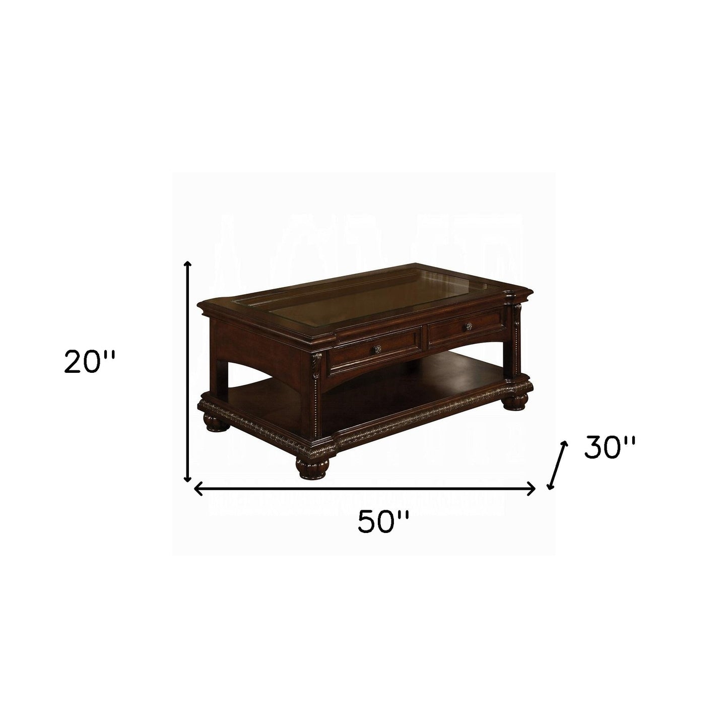 Brown Glass & Solid Wood Coffee Table w/ 2 Drawers