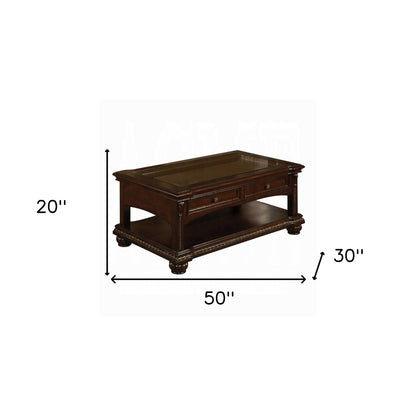 Brown Glass & Solid Wood Coffee Table w/ 2 Drawers