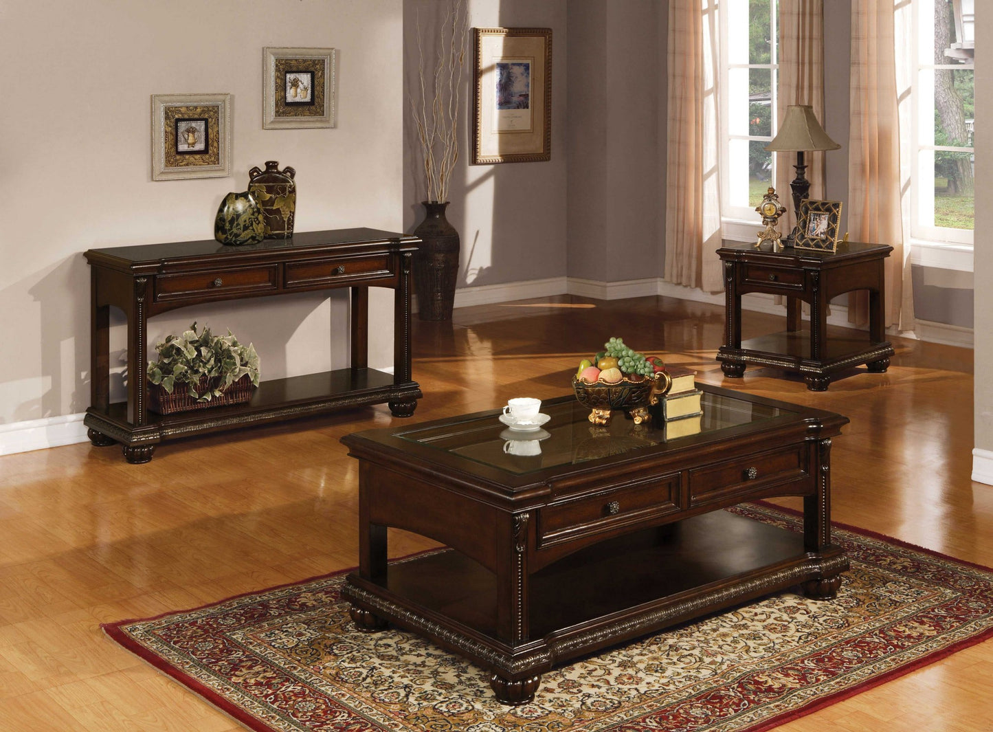 Brown Glass & Solid Wood Coffee Table w/ 2 Drawers