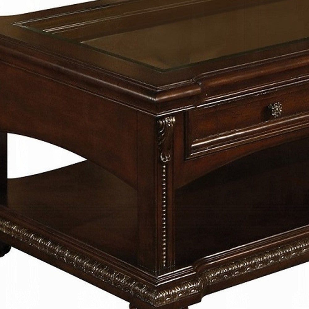Brown Glass & Solid Wood Coffee Table w/ 2 Drawers
