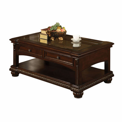 Brown Glass & Solid Wood Coffee Table w/ 2 Drawers