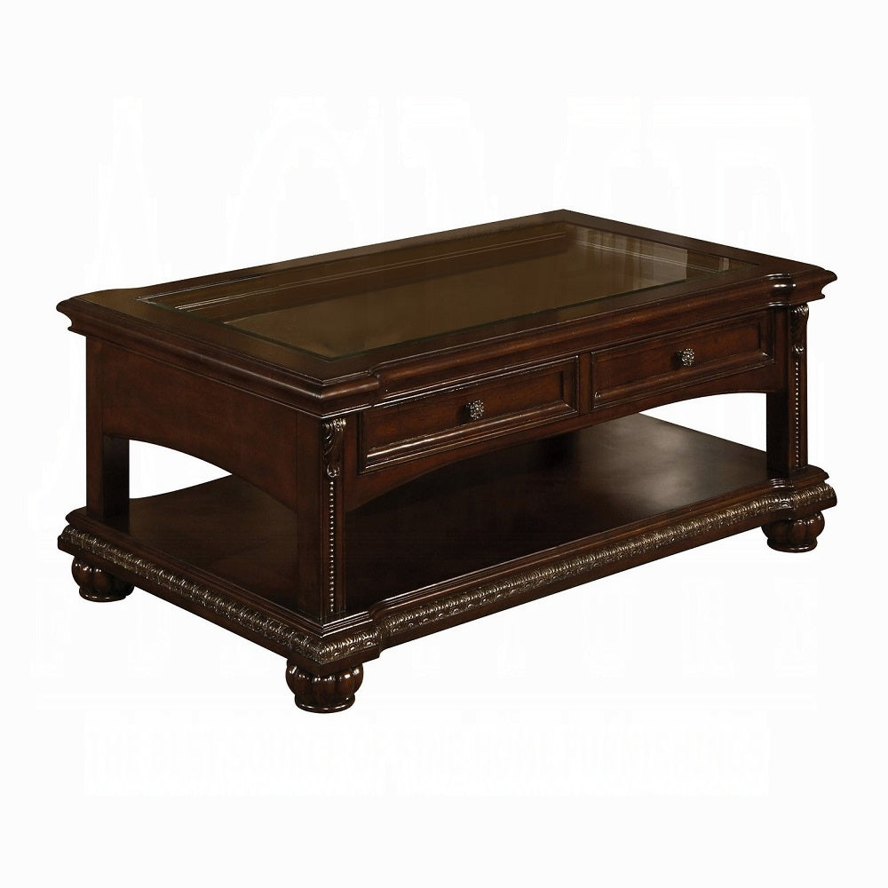 Brown Glass & Solid Wood Coffee Table w/ 2 Drawers