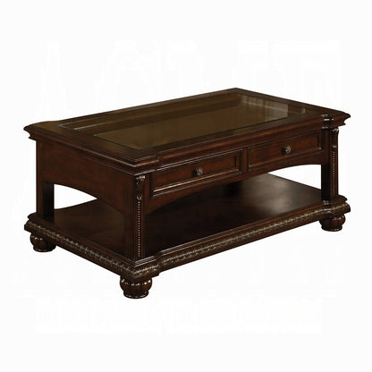 Brown Glass & Solid Wood Coffee Table w/ 2 Drawers