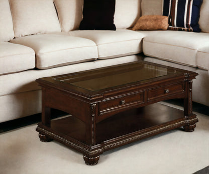 Brown Glass & Solid Wood Coffee Table w/ 2 Drawers
