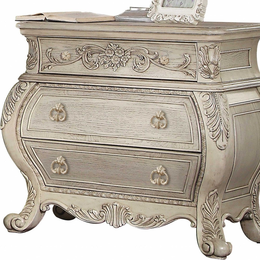 Antiqued White Three Drawers Nightstand