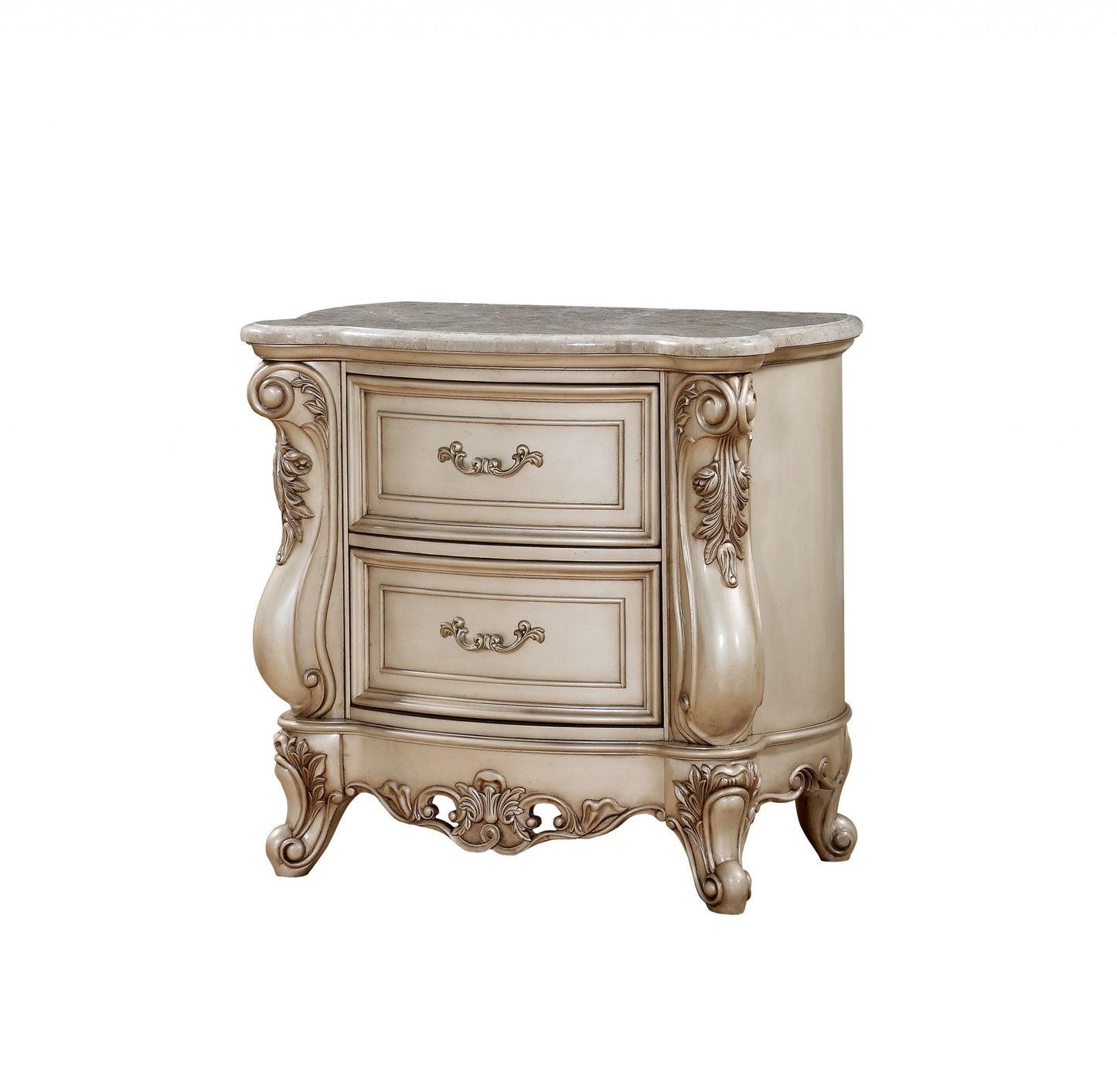 Antiqued White 2 Drawers Mirrored Nightstand