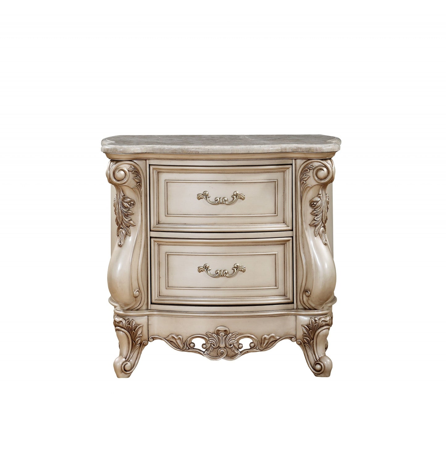 Antiqued White 2 Drawers Mirrored Nightstand