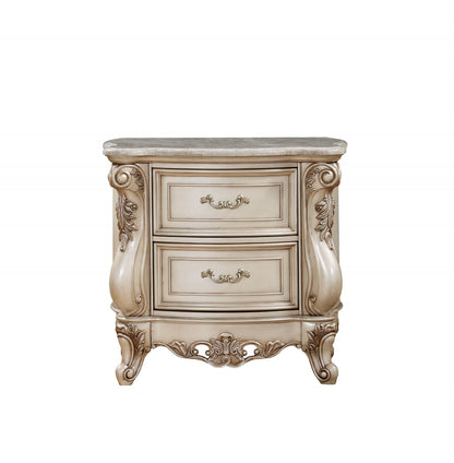 Antiqued White 2 Drawers Mirrored Nightstand