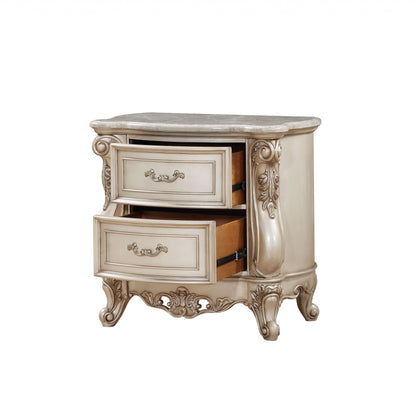 Antiqued White 2 Drawers Mirrored Nightstand