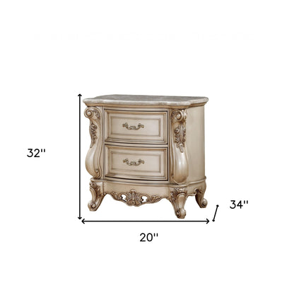 Antiqued White 2 Drawers Mirrored Nightstand
