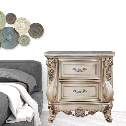 Antiqued White 2 Drawers Mirrored Nightstand