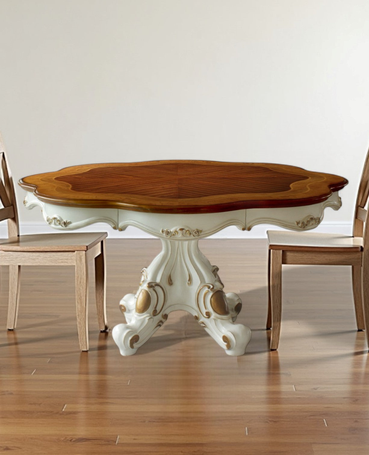Brown And White Oval Solid Wood Pedestal Base Dining Table