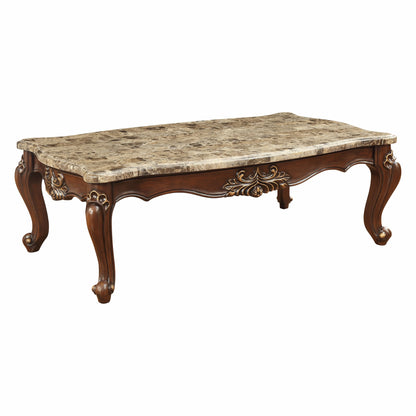 Dark Brown Genuine Marble & Solid Wood Coffee Table