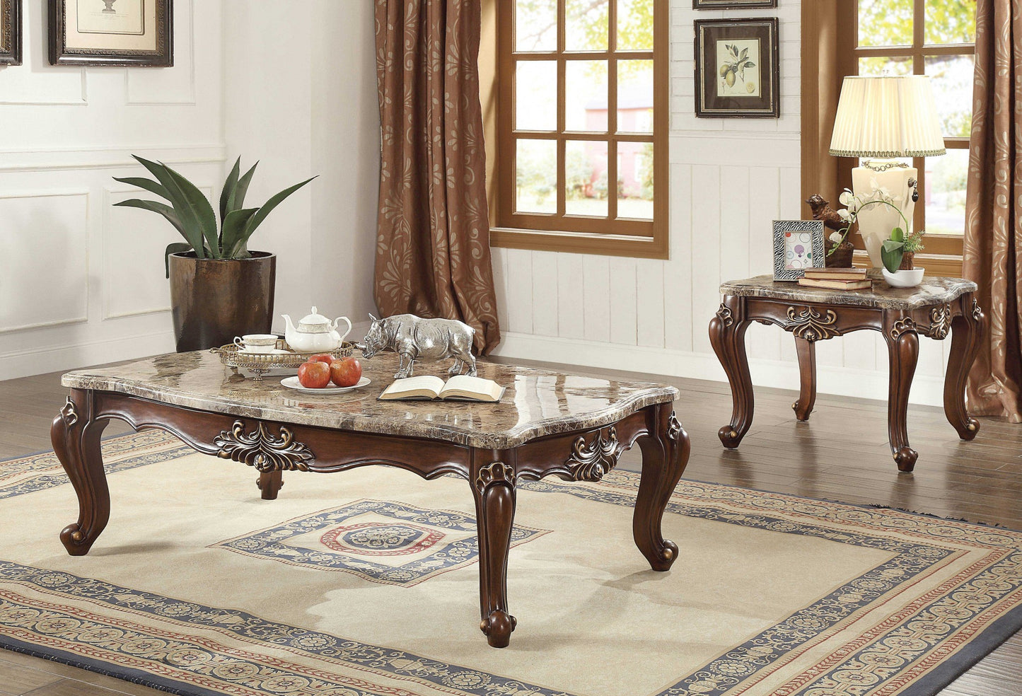 Dark Brown Genuine Marble & Solid Wood Coffee Table